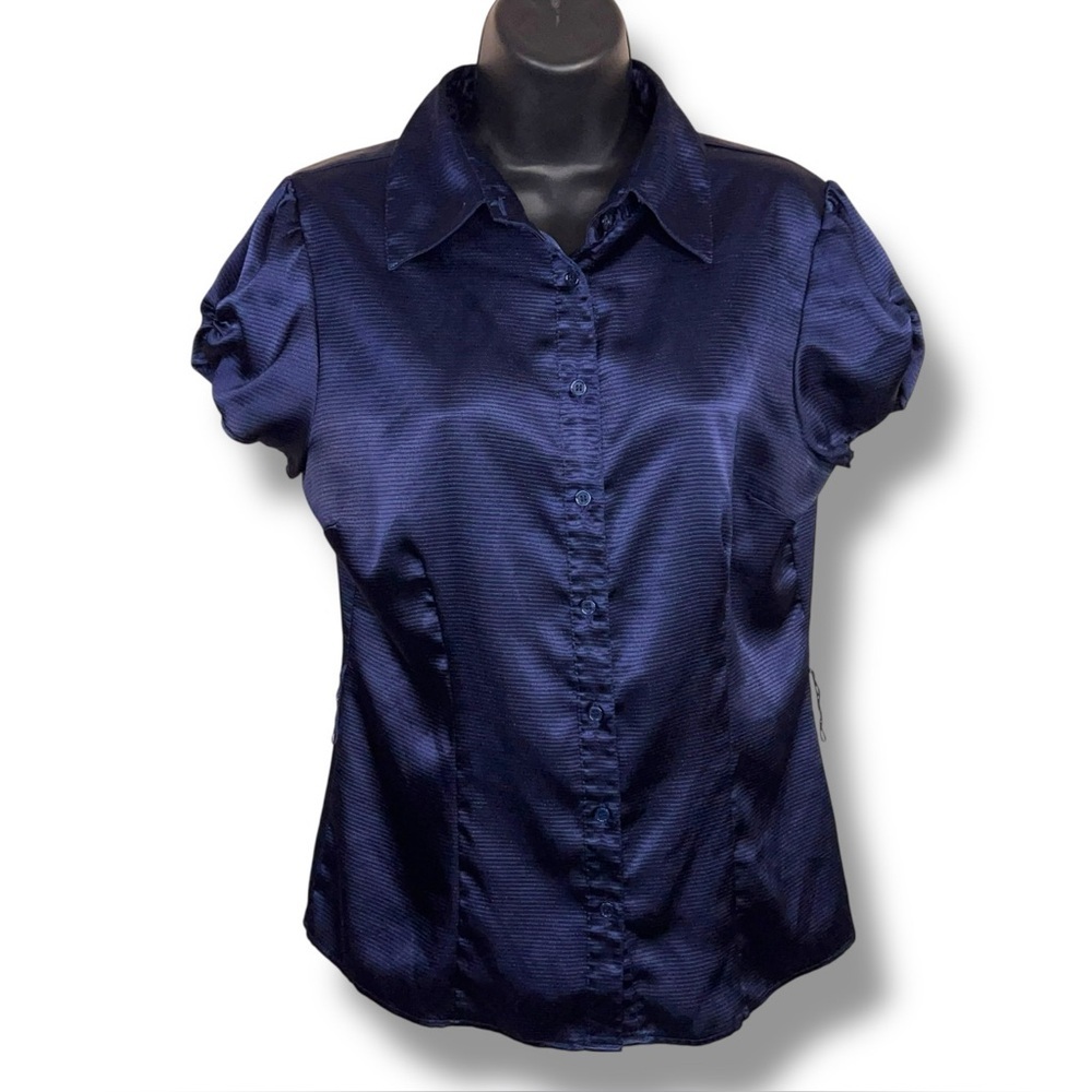 Y2K Era Medium Navy Blue Satin Short Sleeve Blouse Top puff Sleeve Goth Pinup